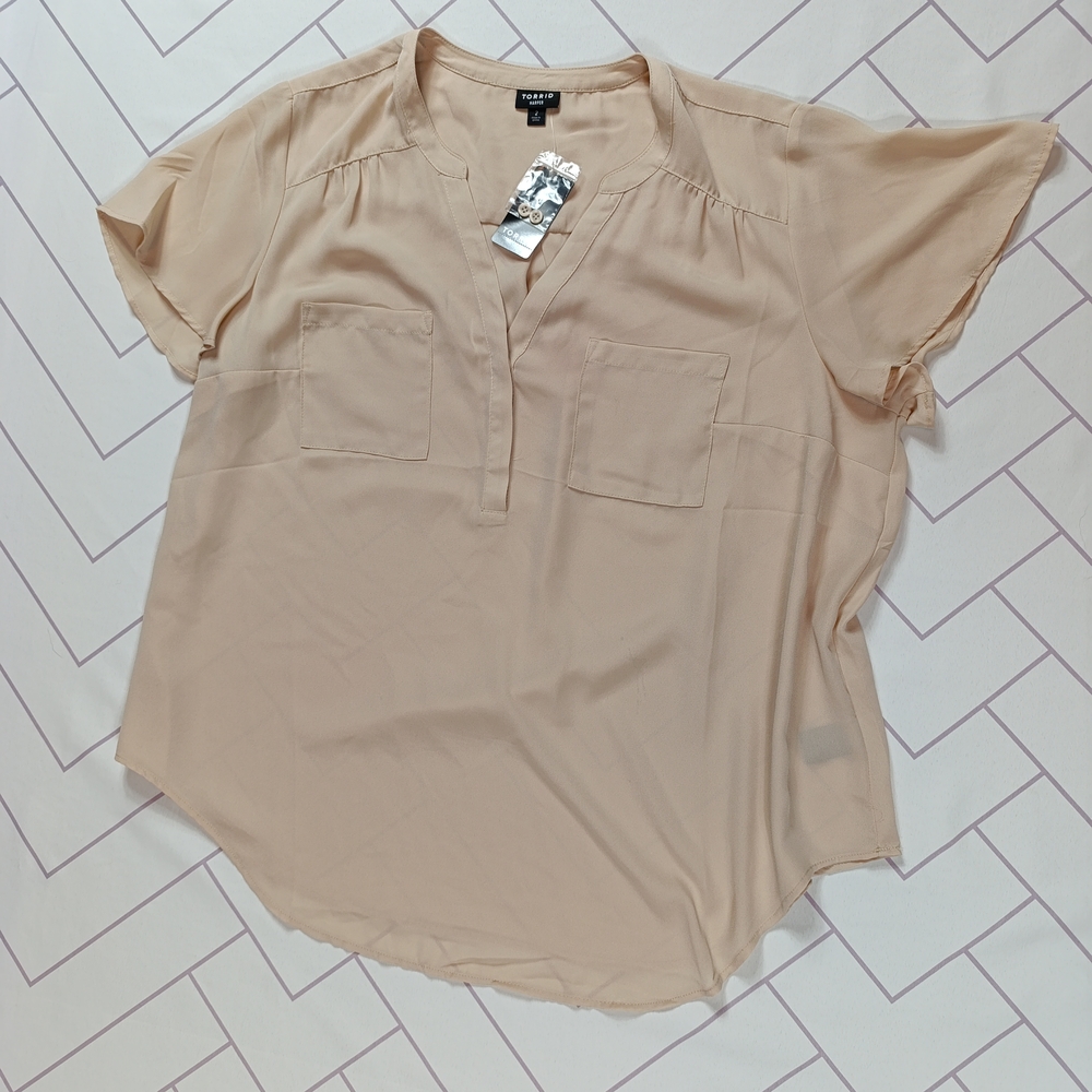Torrid Tan Relaxed Blouse with Mandarin Collar
